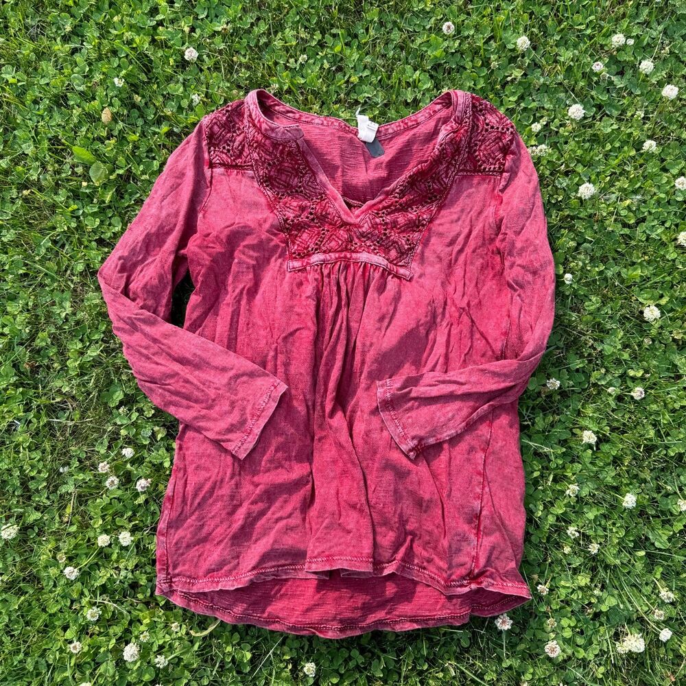 Free People 3/4 Sleeve Red Knit Blouse Boho V Neck Pullover